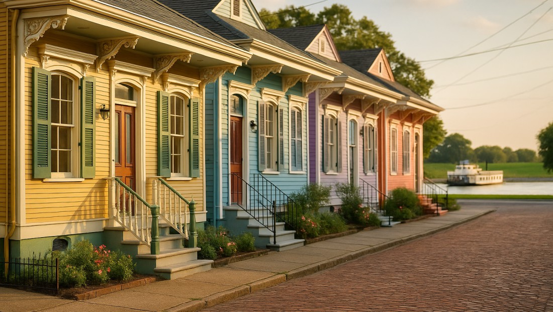 Colorful Victorian homes in Algiers Point with the river nearby