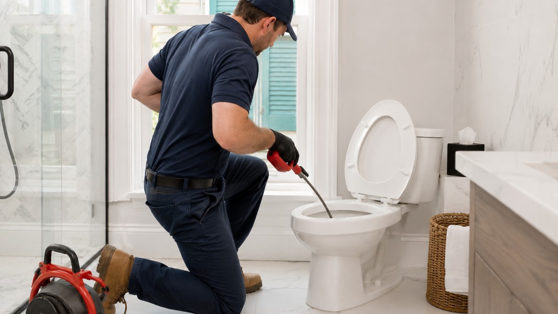 A plumber using a toilet auger in a clean bathroom