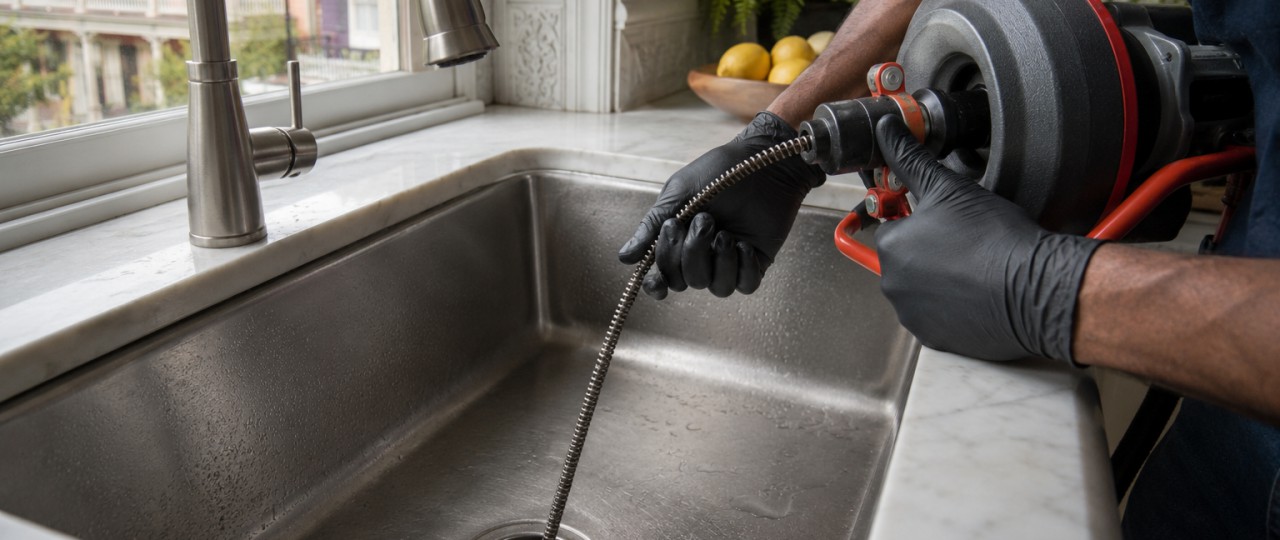 A plumber clearing a kitchen drain with a hand auger