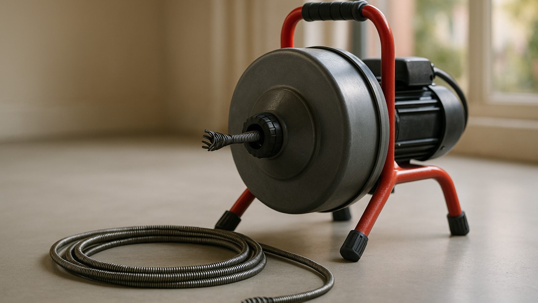 A drain auger cable machine ready for use