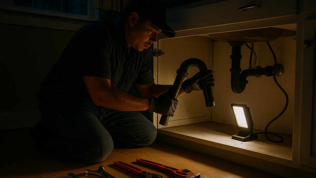 A plumber clearing a backed-up drain at night