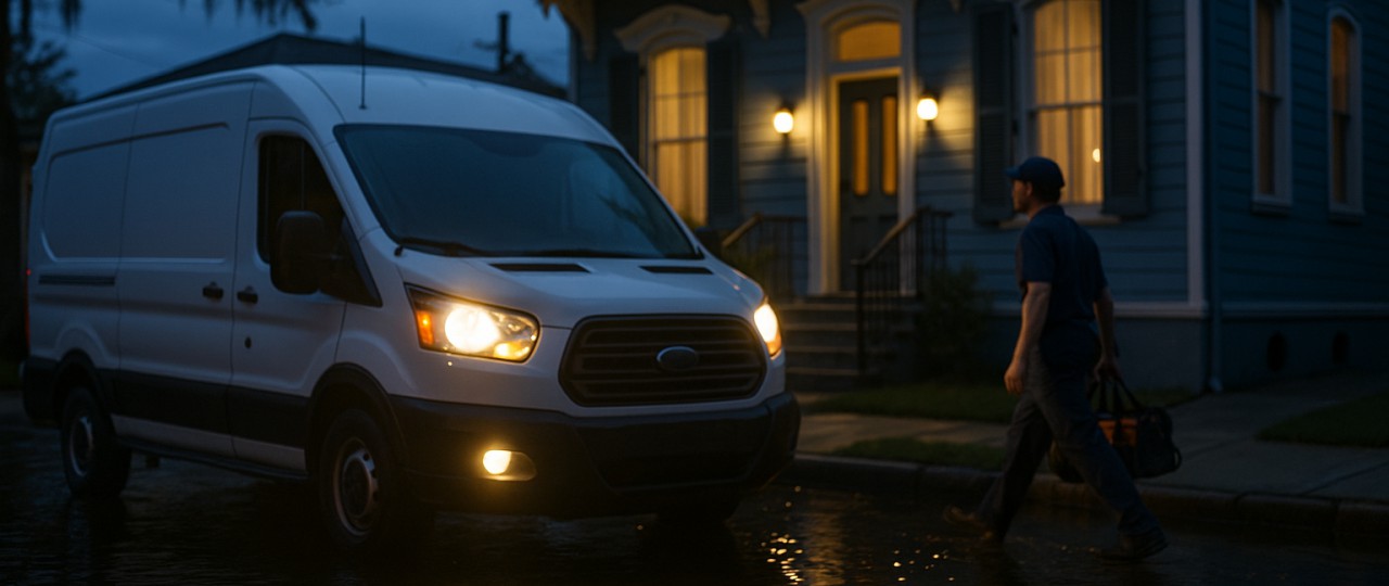 A plumbing service van arriving at a New Orleans home in the evening