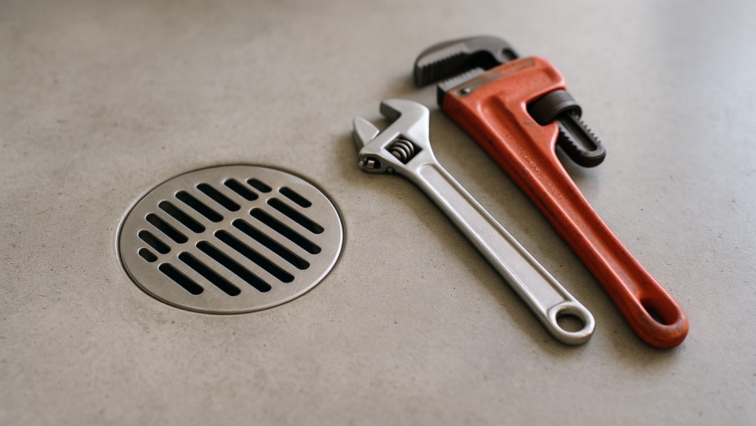 A round floor drain set into a concrete utility-room floor