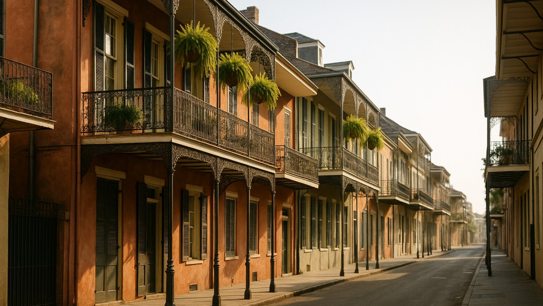Iron-lace balconies on a French Quarter street in New Orleans