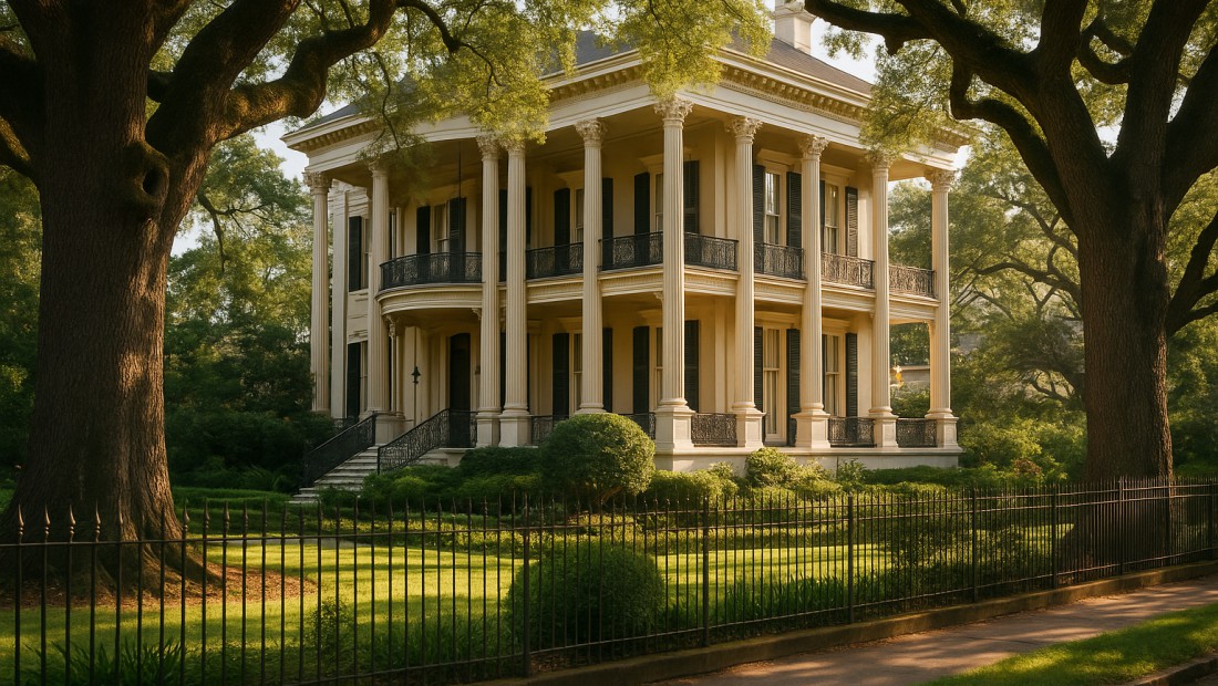 A grand Garden District mansion beneath spreading live oaks