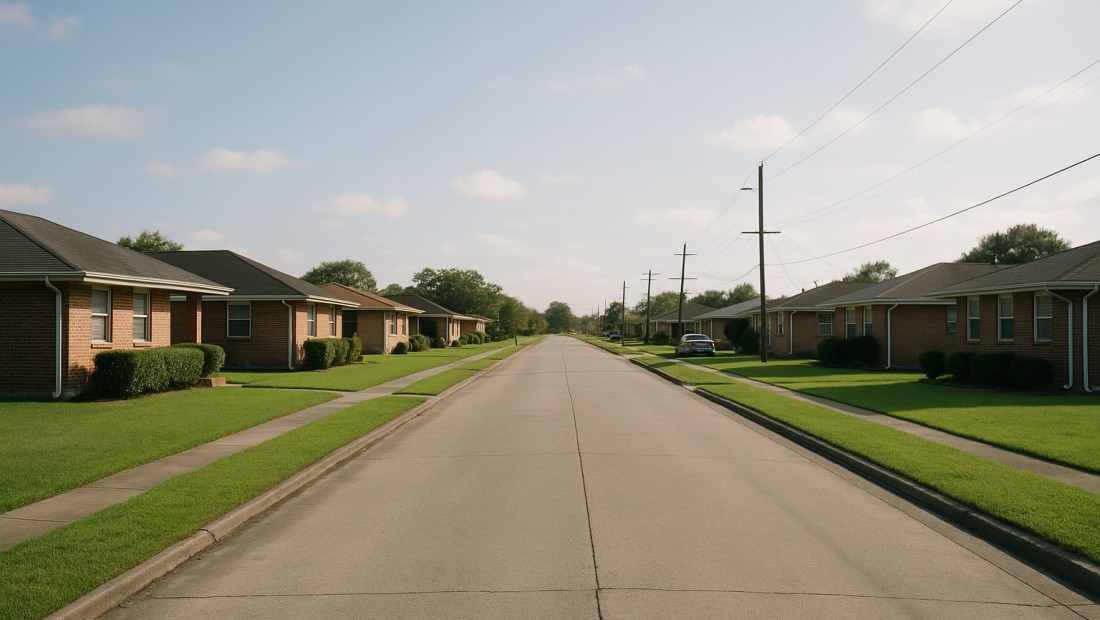 Flat Gentilly street with mid-century brick ranch homes