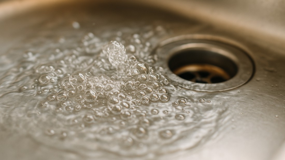 Air bubbles rising in a sink full of draining water
