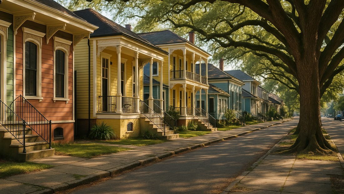 A historic New Orleans street lined with live oaks and shotgun homes