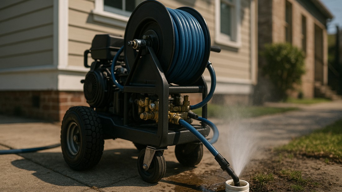 A hydro-jetting machine with a high-pressure hose at a cleanout