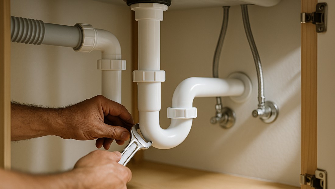 Under-sink kitchen plumbing with a P-trap being serviced