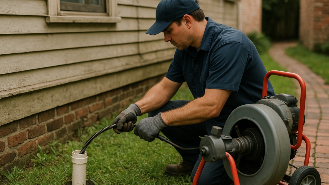 A plumber operating a drain machine at an outdoor sewer cleanout