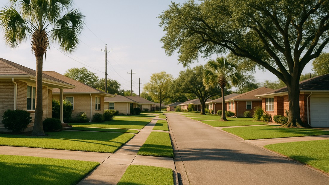 A suburban Metairie street of slab-built ranch homes