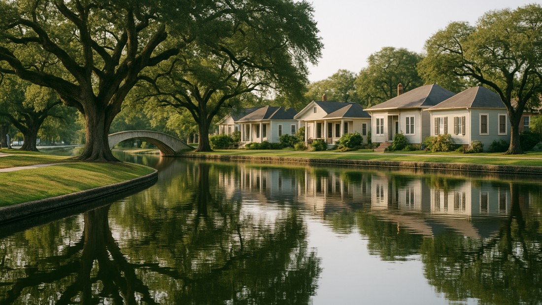 Bayou St. John with Mid-City homes and oaks reflected in the water