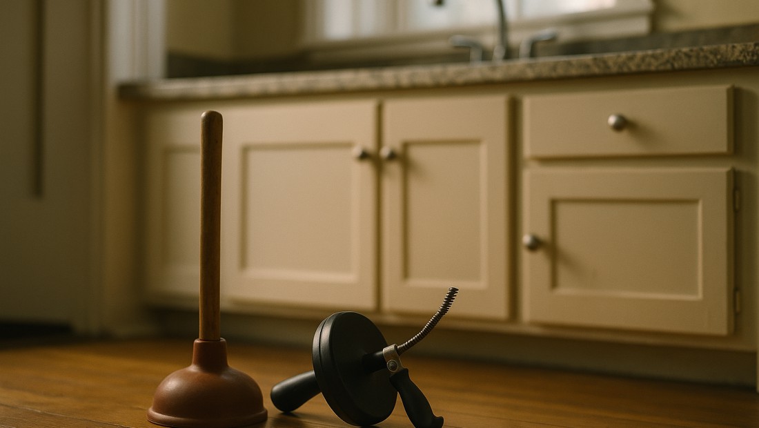 A plunger and drain auger resting beside a sink, used repeatedly