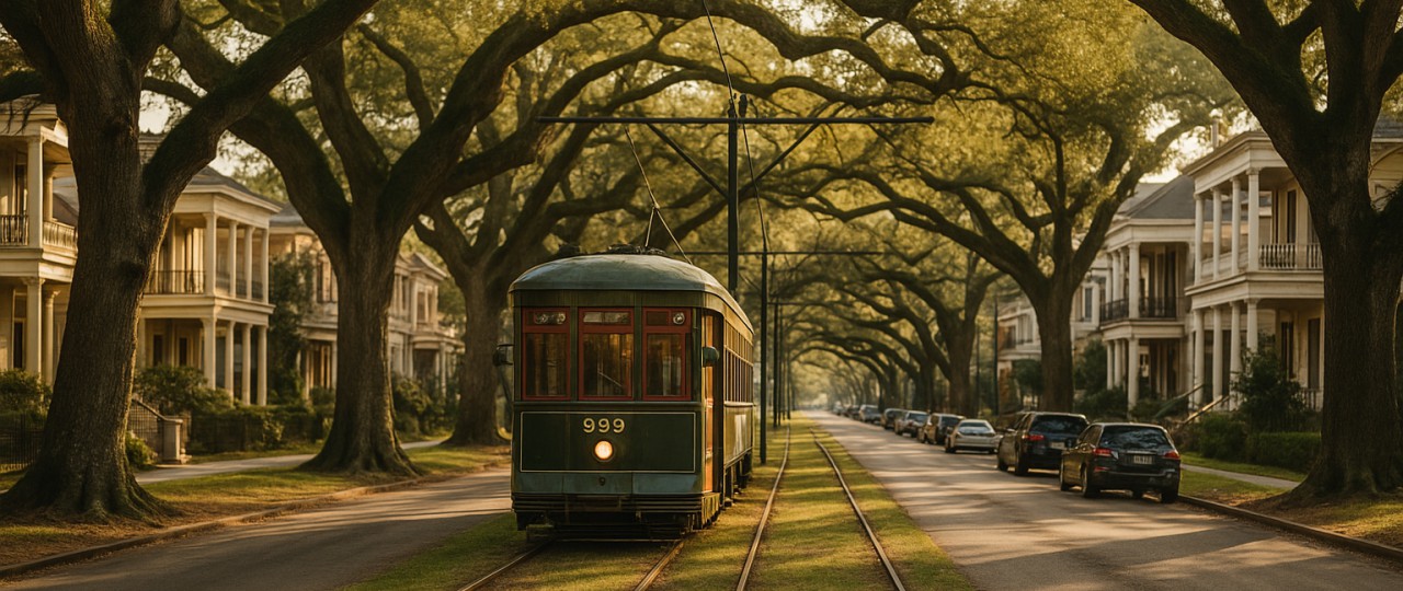 A New Orleans streetcar passing live oaks on a historic avenue