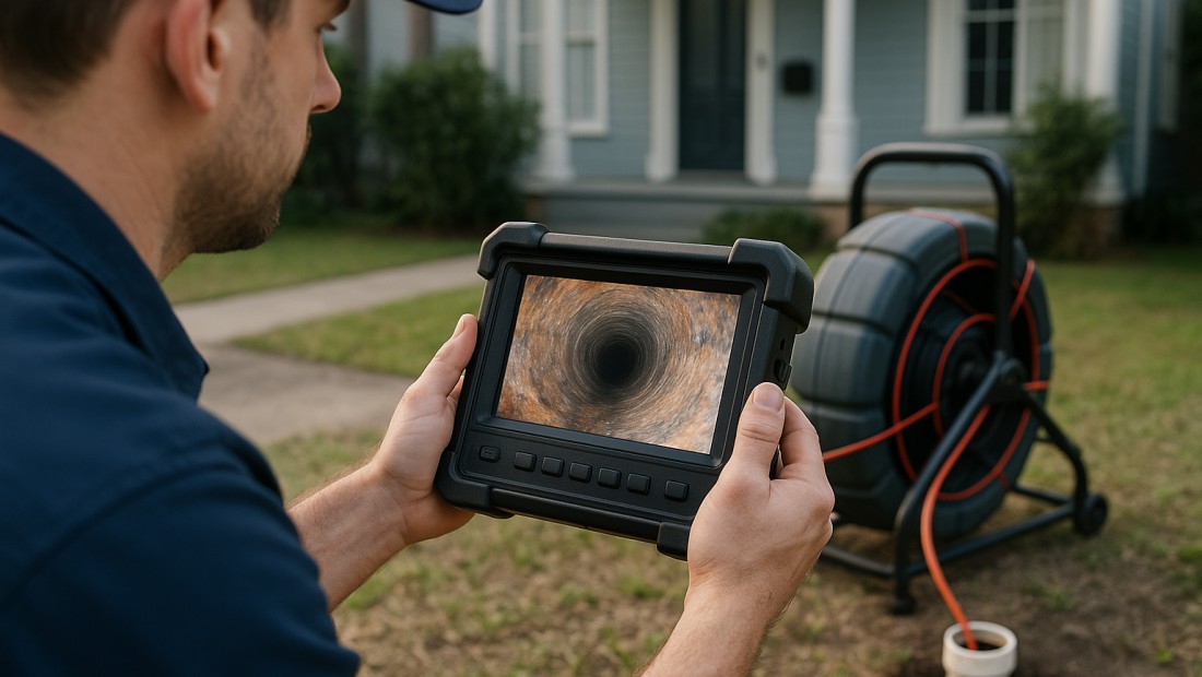A plumber viewing a sewer camera monitor showing the inside of a pipe