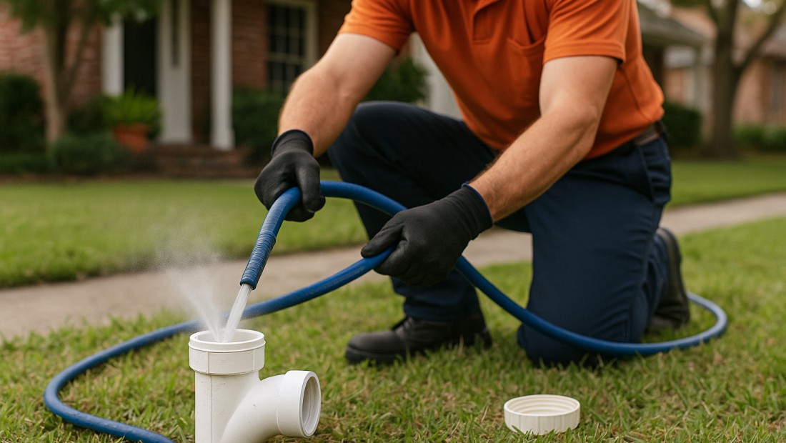 A sewer lateral being jetted clean through a cleanout