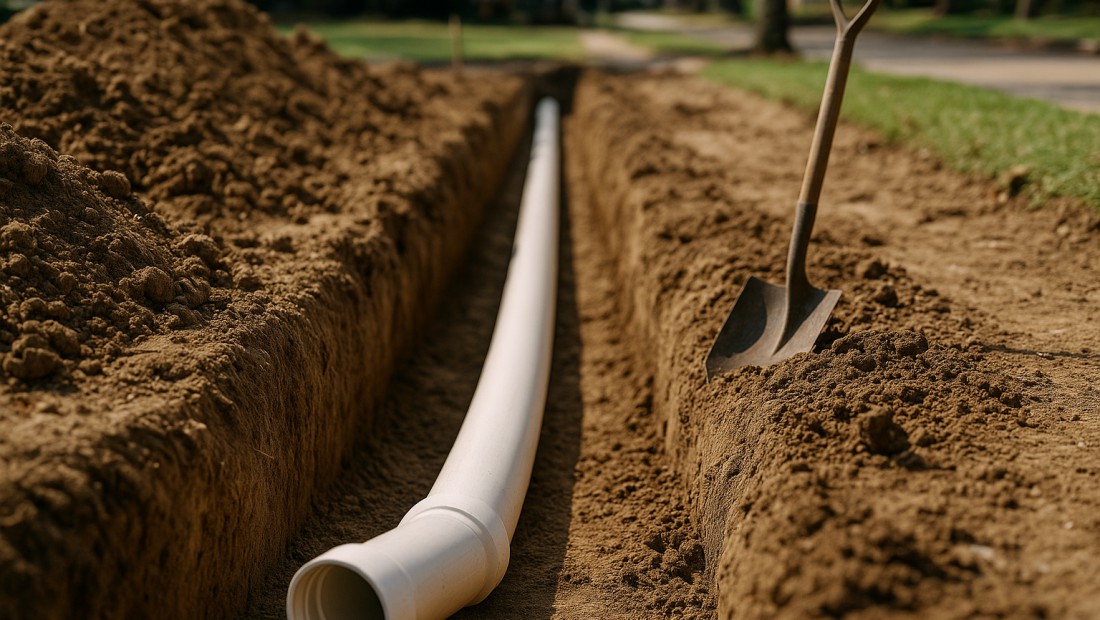 A new sewer pipe being laid in an open trench