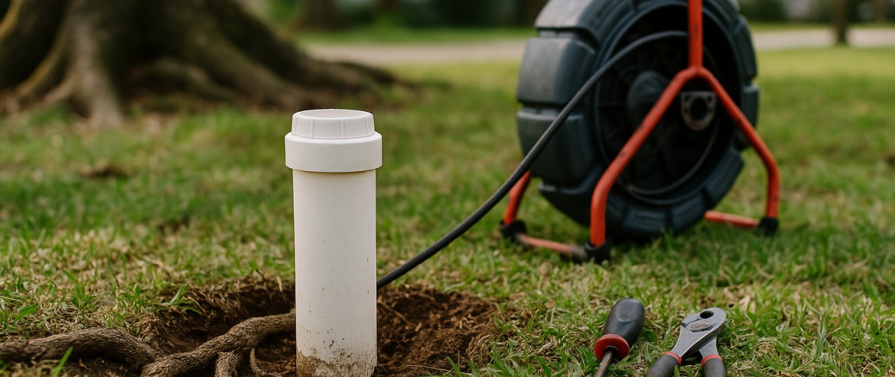 An exposed sewer cleanout in a yard with inspection equipment