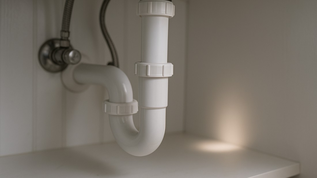 A bathroom P-trap under a sink, the source of a dry-trap odor