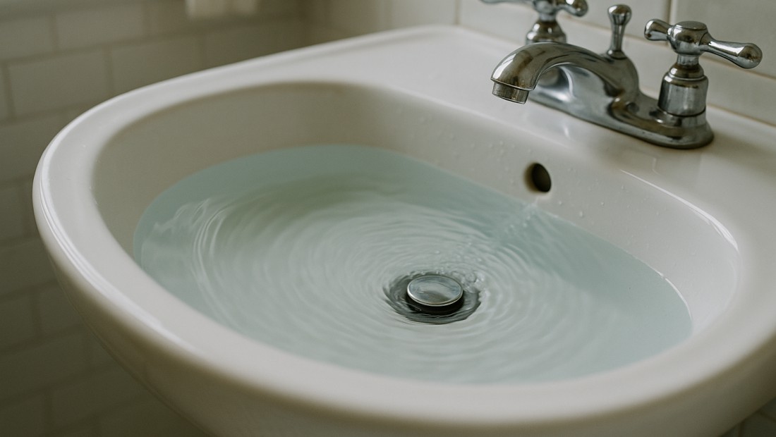 A bathroom sink with water draining slowly around the stopper