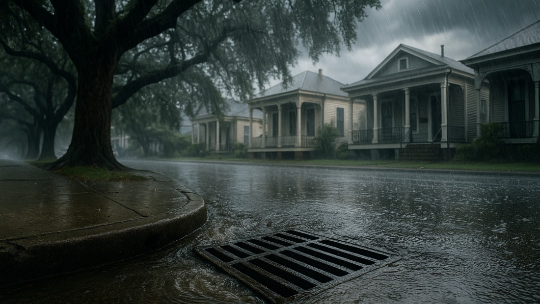 Heavy rain over a New Orleans street with water pooling at a storm drain