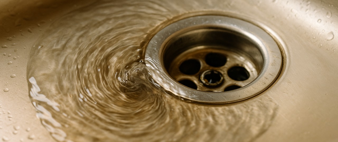 Water draining slowly in a sink, swirling around the drain