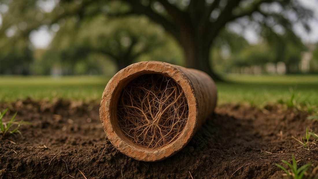 Tree roots growing inside a cut section of old sewer pipe