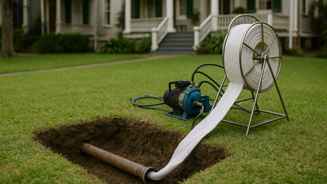 A small access pit and pipe-lining equipment for trenchless repair