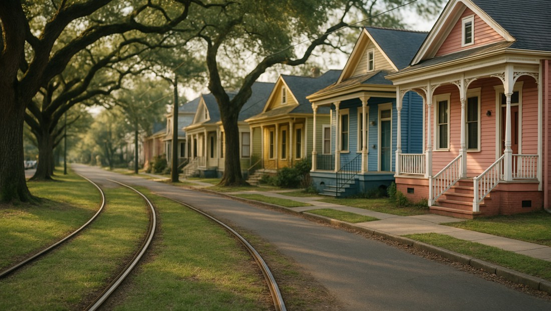 Oak-lined Uptown New Orleans street with shotgun and double homes